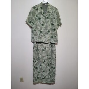 TanJay Skirt Set Women 8 Green Vintage Floral Blouse Midi Skirt 2pc